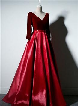 Picture of Dark Red Color Velvet and Satin V-neckline Long Formal Dress Evening Dresses, Red Color Bridesmaid Dress